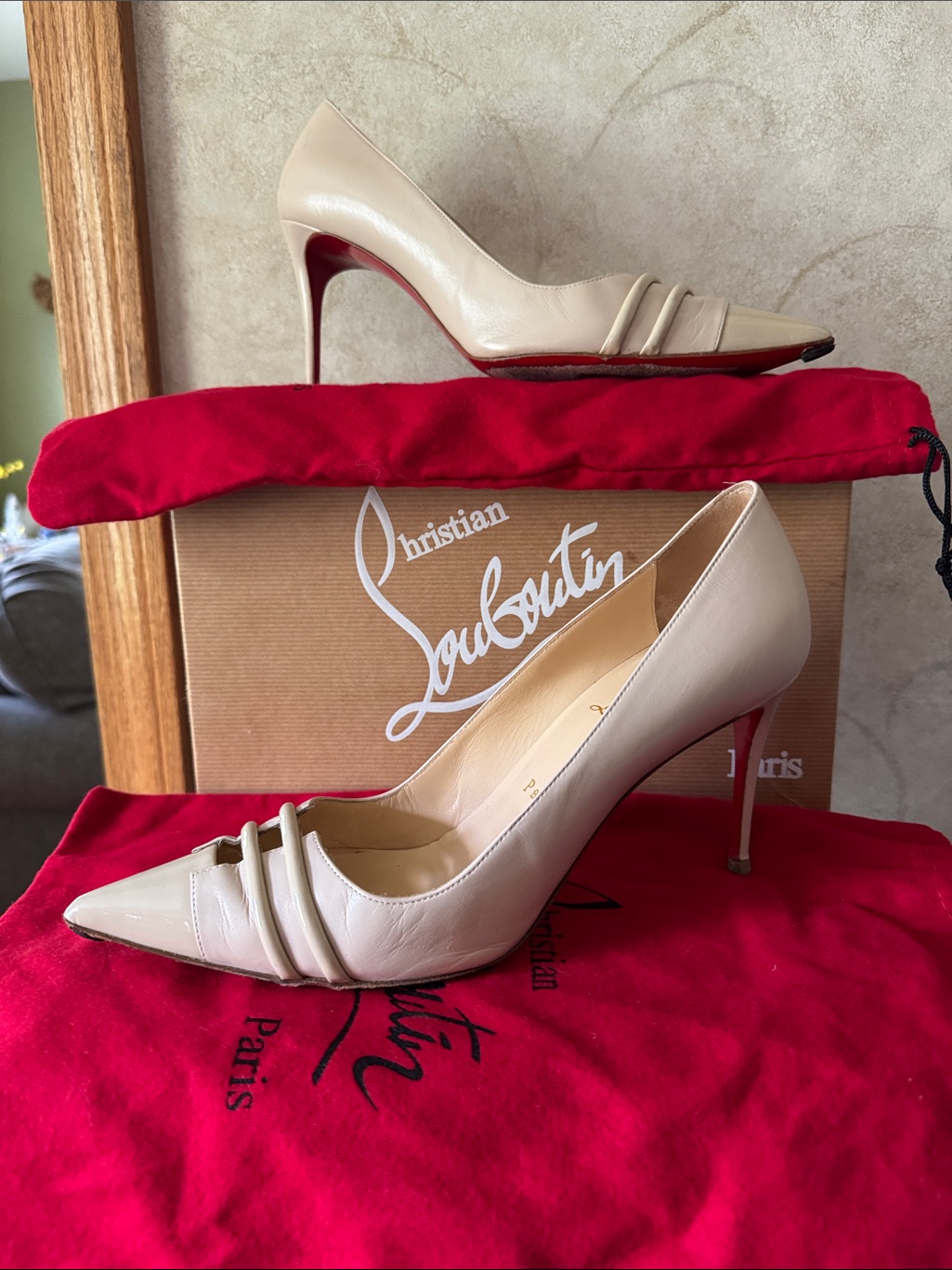 Christian Louboutin Beige Pointed-Toe Patent Leather Pumps With Red Soles